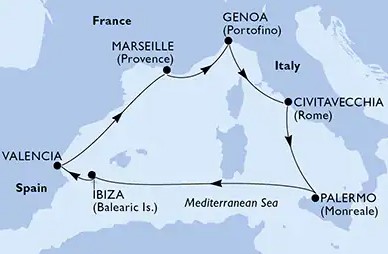 （马赛上下船）西西里＋西班牙＋南法＋意大利 行程安排路线图