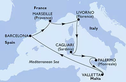 （巴塞罗那上下船）撒丁岛＋西西里岛＋马耳他 行程安排路线图