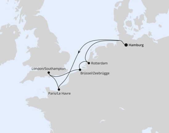 （汉堡上下船）英国＋法国＋荷兰＋比利时 行程安排路线图